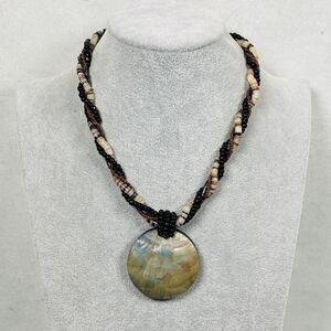 Coldwater Creek Necklace Abalone Pendant Beaded Black Brown 20" Silver Tone